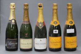 Five bottles of champagne including Bollinger, Lanson and Veuve Clicquot
