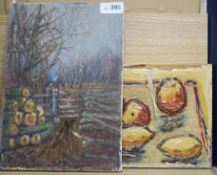 A. Ginet, oil on canvas, Still life of fruit on a table top, signed, 22 x 27cm and a small
