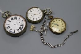 Three assorted base metal cased pocket watches and a silver albert.