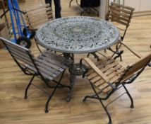 Four folding bistro chairs and an alloy garden table W.96cm