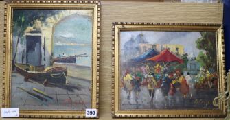 Italian School, 2 oils on board, Flower market and Fishing boats, indistinctly signed, 30 x 24cm