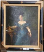 19th century French School, oil on canvas, Three quarter length portrait of a lady seated at a