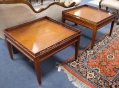 A pair of banded burr walnut square topped coffee tables W.71cm