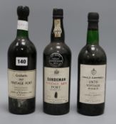 One bottle of Graham's 1963 vintage Port, one Sandeman 1977 and one Gould Campbell, 1970