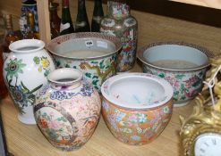 Two Chinese famille rose vases, two jardinieres, fish bowl and a Portmeirion vase