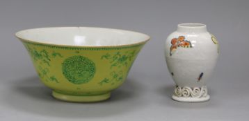 A Chinese yellow ground bowl, Qianlong mark and a Qianlong bianco sopra bianco 'insect' tea caddy