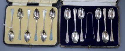 Two cased sets of six silver teaspoons including one with tongs and one early 20th century with