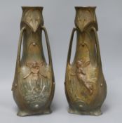 A pair of Art Nouveau bronzed vases signed J. Garnier Height 38cm