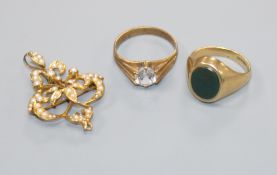 Two 9ct gold rings including bloodstone signet ring and a yellow metal and seed pearl set pendant