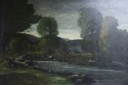 Circle of James Pride (1861-1941), oil on canvas, wooded river landscape, 59.5 x 90cm