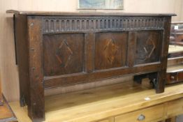 A 17th century inlaid oak coffer, circa 1660 W.121cm