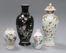 Three Chinese famille rose vases, 18th/19th century and a famille noire vase, late 19th/early 20th