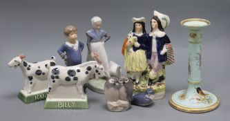 A Worcester candlestick, four pieces of Copenhagen, two Rye pottery goats and a Staffordshire