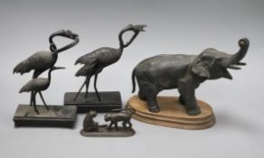 A spelter elephant, two cranes and a monkey group tallest 20cm