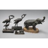 A spelter elephant, two cranes and a monkey group tallest 20cm