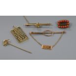A 14k abacus pendant, a Victorian coral set mourning brooch, a stick pin, bar brooch and clip.