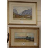 Two watercolours, one of a mountain valley scene, the other cattle grazing in a field, largest 24