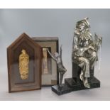 Two spelter figures, a framed wax icon and a perspective picture