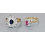 An 18ct gold, sapphire and diamond cluster ring and an 18ct gold, emerald-cut ruby and diamond