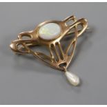 An Edwardian Art Nouveau 9ct gold, white opal and baroque pearl drop brooch, 35mm.