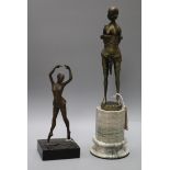 An Art Deco style bronze figure and a ballet dancer tallest 42.5cm