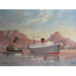 Hunter, oil on canvas board, Tug boat and liner off Cape Town, signed, 40 x 30cm