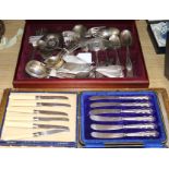 Six Victorian silver spoons, a silver inkstand and assorted plated flatware