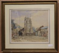 Patrick Hall, charcoal and watercolour, View of a church, signed, 37 x 43cm