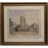 Patrick Hall, charcoal and watercolour, View of a church, signed, 37 x 43cm