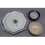 A Delft octagonal dish and two Oriental blue and white bowls