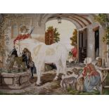 A large Victorian Berlin needlepoint picture of a cavalier watering his horses, gilt frame, 107 x