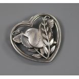 A Danish Georg Jensen sterling silver heart shaped robin and wheatsheaf brooch, no. 239, 1933-1944