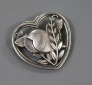 A Danish Georg Jensen sterling silver heart shaped robin and wheatsheaf brooch, no. 239, 1933-1944