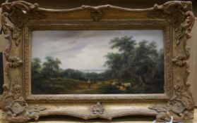 English School, oil on mahogany panel, Milkmaid on a path with recumbent cows, 12.5 x 25cm