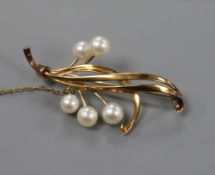 A Mikimoto 14ct gold and cultured pearl spray brooch, gross 6 grams, in Lane Crawfords, Hong Kong