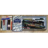 A collection of pens, books on pens and a Bonham's catalogue