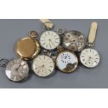 Five silver cased pocket watches, repeater (gold plated) and another pocket watch.