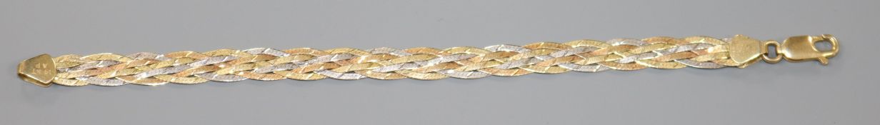 A 14ct three-colour gold plaited bracelet, 17cm, 6.6 grams.