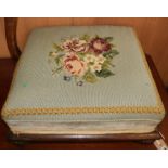 A Victorian square footstool with floral tapestry top W.40.5cm