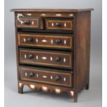 A mahogany and maple miniature chest with mother of pearl inlay, height 31cm