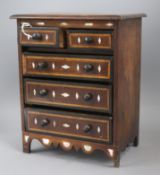 A mahogany and maple miniature chest with mother of pearl inlay, height 31cm