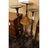 Two tripod wine tables and two torcheres W.21cm, 30cm, 29cm and 38cm