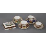 Four Dresden style miniature cups and saucers and a snuff box