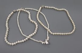 Three assorted single strand cultured pearl necklaces with 925 clasps.