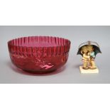 A cranberry bowl and a Hummel figure bowl diameter 24cm