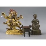 A gilt Tibetan bronze deity, a bronze figure of Guandi and a miniature bronze censer