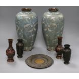 Four Japanese bronze vases, two cloisonne vases and a dish tallest 31cm