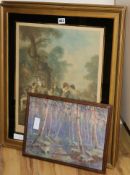 Two mezzotints in verre eglomise mounted frames, 50 x 40cm, and a watercolour of silver birches,