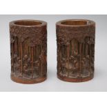 A pair of 19th century Chinese bamboo brush pots, Seven Sages of the bamboo grove