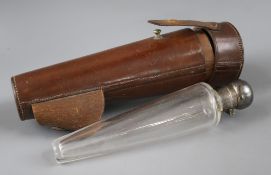 A leather cased silver plate mounted riding flask, early 20th century